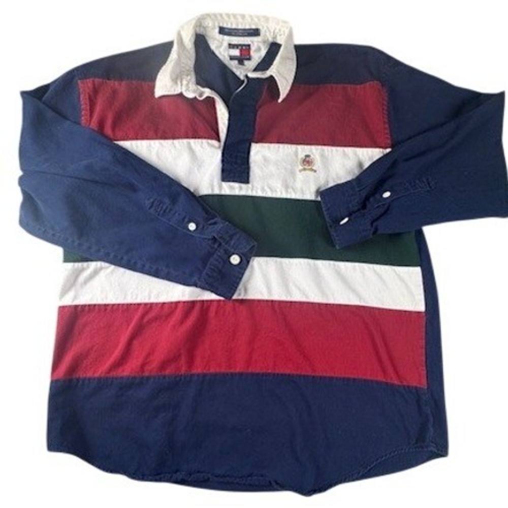 Tommy Hilfiger Rugby Shirt Mens L Colorblock Stripe Crest Logo Long Sleeve Navy